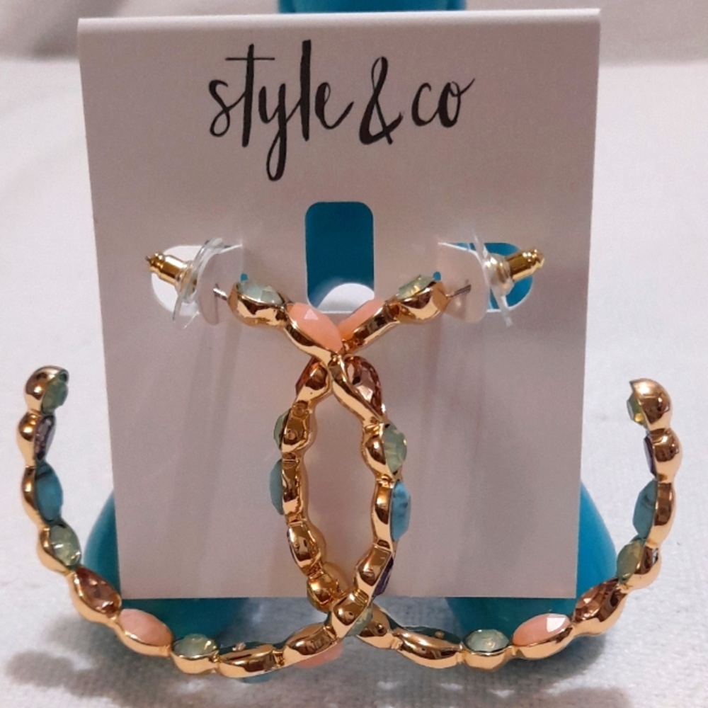Style & Co... Gold-Tone Mixed Stone Open Hoop Earrings